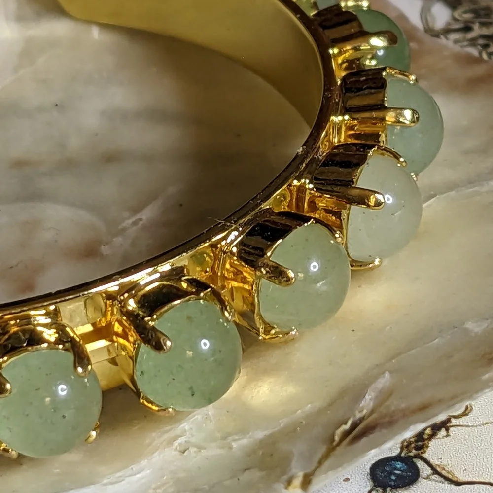 Genuine Green Jade Cuff Bracelet in 14K Gold Plated - Picture 3 of 3